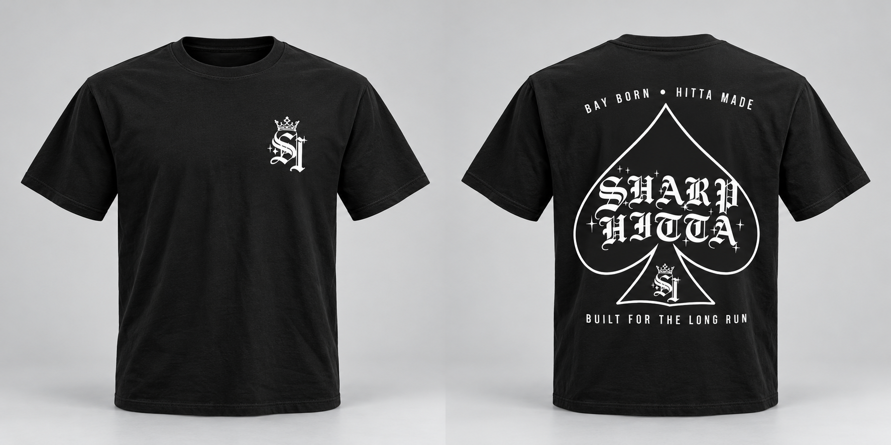Studio mockup of the Sharp Hitta tee front with white crowned SH chest print